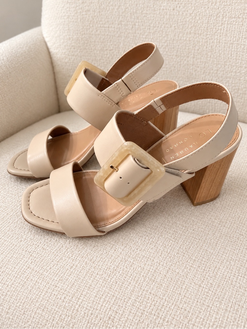 LC Lauren Conrad Beige Block Heel Sandals with Statement Buckle